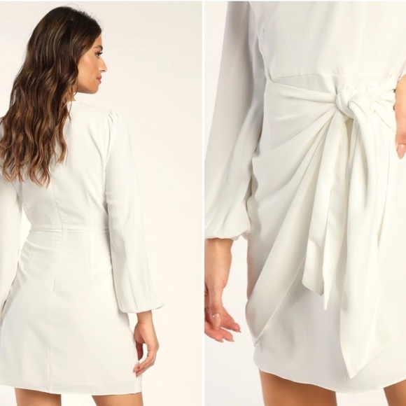 LULU's Bachelorette Engagement Bridal Sexy Long Sleeve Wrap Mini Dress - Picture 3 of 6